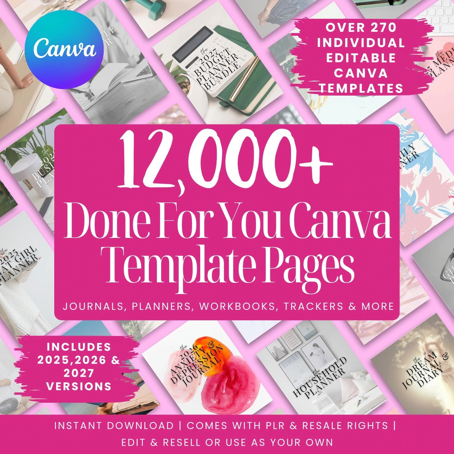 12000+ Editable Canva Templates Bundle – PLR & Resell Rights | Printable Planners, Journals & Trackers for 2025-2027